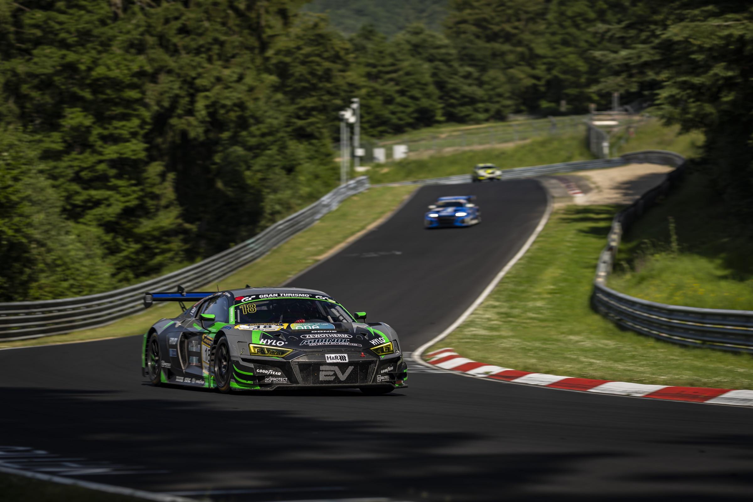 Audi R8 LMS GT3 leading two other cars on the Nordschleife